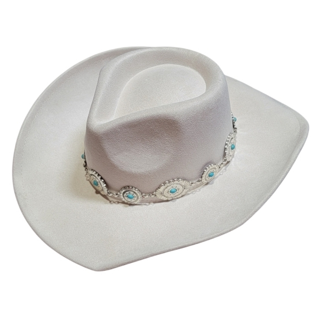 PINK LILY Ivory Cowgirl Hat with Turquoise Style Chain